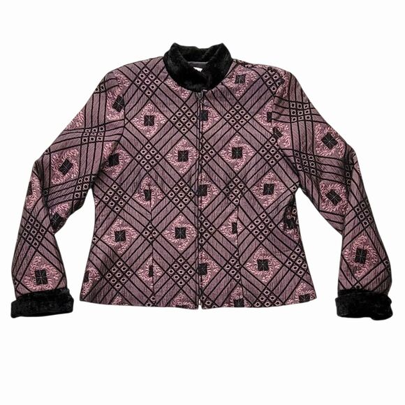 VTG Ell Jay Collection Black Purple Metallic Zip Front Blazer with Faux Fur Trim - Picture 1 of 12
